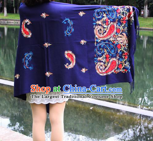 Chinese Traditional Embroidered Scarf Yunnan National Blue Wool Cloak for Women
