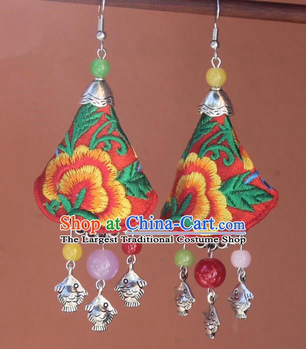 Chinese Traditional Embroidered Red Earrings Yunnan National Minority Tassel Eardrop for Women