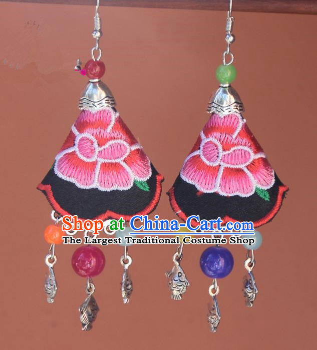 Chinese Traditional Embroidered Pink Earrings Yunnan National Minority Tassel Eardrop for Women