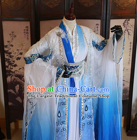 Chinese Traditional Ancient Swordsman Blue Costumes for Men