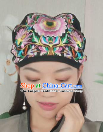 Chinese Traditional Embroidered Pink Peony Headscarf Yunnan Dai Minority Hat for Women