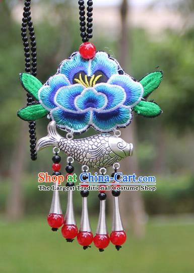 Chinese Traditional Accessories Yunnan Minority Embroidered Blue Peony Sliver Fish Necklace for Women