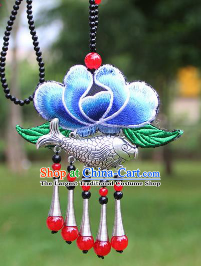 Chinese Traditional Accessories Yunnan Minority Embroidered Blue Lotus Sliver Fish Necklace for Women