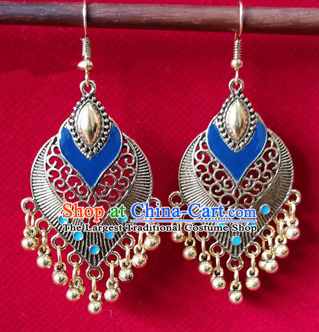 Chinese Traditional Bells Tassel Earrings Yunnan National Minority Inlay Ear Accessories for Women