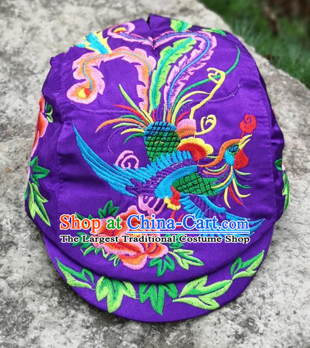 Chinese Traditional Embroidered Phoenix Peony Yunnan Dai Minority Purple Cap for Women