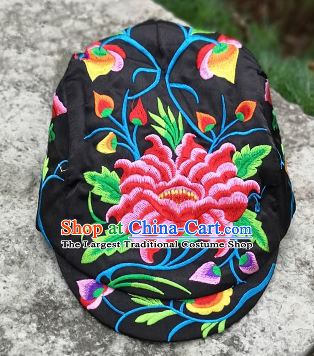 Chinese Traditional Embroidered Peony Yunnan Dai Minority Black Cap for Women
