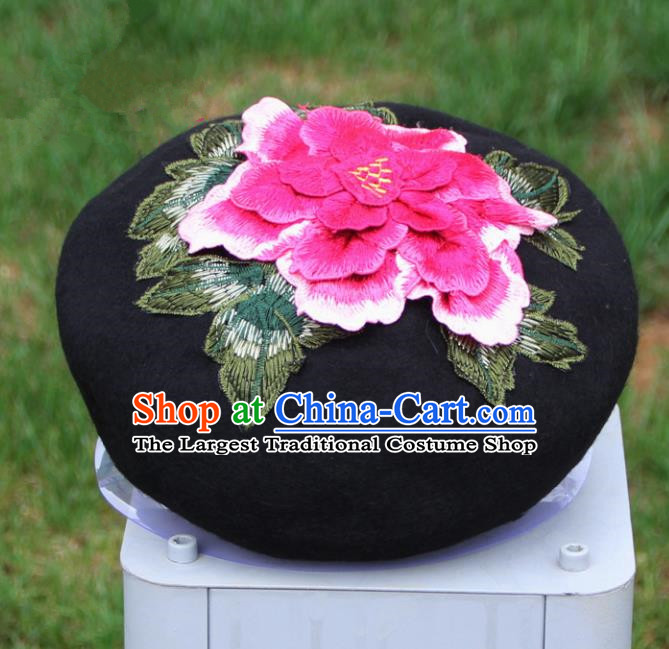 Chinese Traditional Embroidered Peony Yunnan Dai Minority Black Top Hat for Women