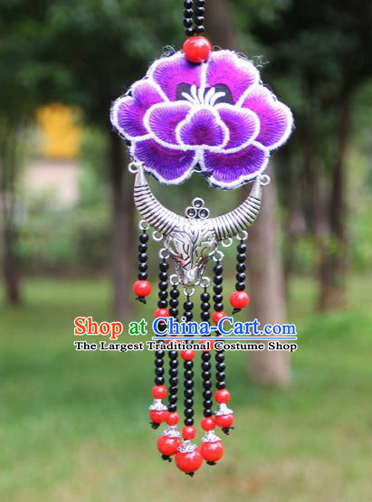 Chinese Traditional Accessories Yunnan Minority Embroidered Purple Peony Sliver Ox Horn Necklace for Women