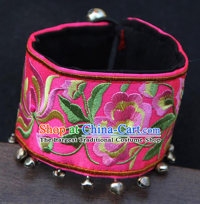 Chinese Traditional Ethnic Wrist Accessories Miao Nationality Embroidered Pink Bracelet for Women