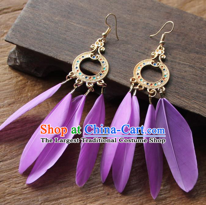 Chinese Traditional Ethnic Purple Feather Earrings National Ear Accessories for Women