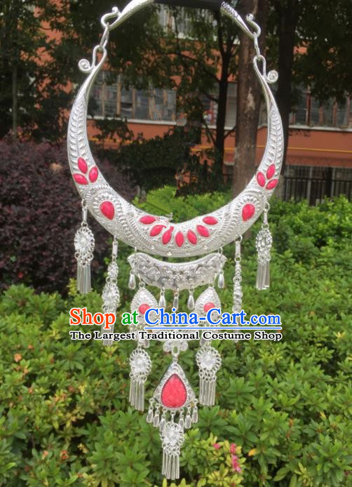 Chinese Traditional Jingpo Minority Pink Tassel Necklace Ethnic Folk Dance Accessories for Women