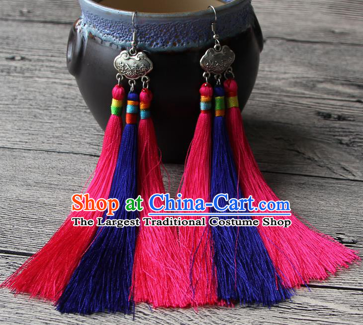 Chinese Traditional Ethnic Pink and Purple Tassel Earrings National Longevity Lock Ear Accessories for Women