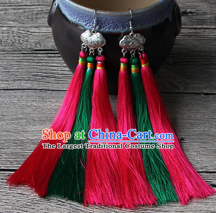 Chinese Traditional Ethnic Pink and Green Tassel Earrings National Longevity Lock Ear Accessories for Women