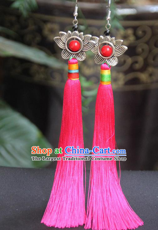 Chinese Traditional Ethnic Rosy Tassel Lotus Earrings National Ear Accessories for Women