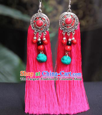 Chinese Traditional Ethnic Earrings National Pink Tassel Ear Accessories for Women