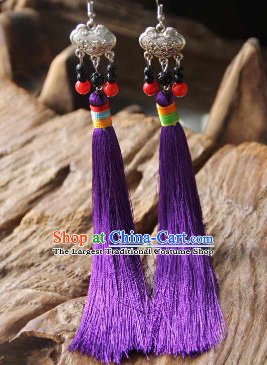 Chinese Traditional Ethnic Purple Tassel Longevity Lock Earrings National Ear Accessories for Women