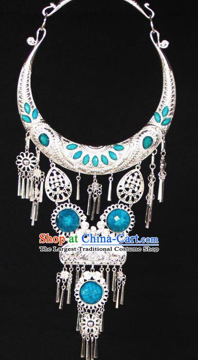 Chinese Ethnic Carving Blue Necklace Traditional National Jewelry Accessories for Women