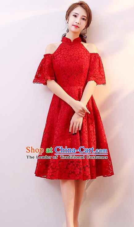 Professional Modern Dance Costume Chorus Group Clothing Bride Toast Red Lace Dress for Women