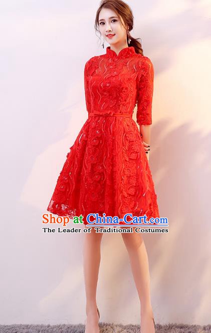Professional Modern Dance Costume Chorus Group Clothing Bride Toast Red Lace Cheongsam Dress for Women
