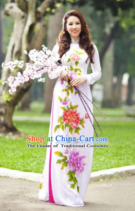 Asian Vietnam Costume Vietnamese Trational Dress Printing Peony White Ao Dai Cheongsam Clothing for Women
