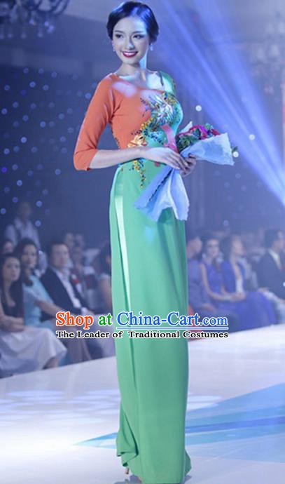 Asian Vietnam Costume Vietnamese Trational Dress Printing Flowers Green Ao Dai Cheongsam Clothing for Women