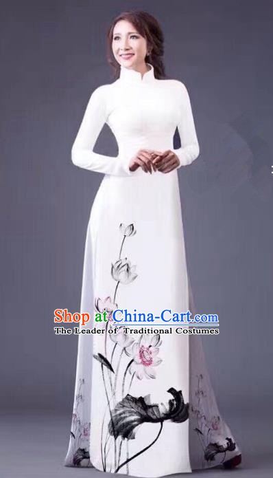 Asian Vietnam Palace Costume Vietnamese Trational Dress Ink Painting Lotus White Ao Dai Cheongsam Clothing for Women