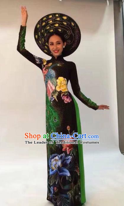 Asian Vietnam Palace Costume Vietnamese Trational Dress Ink Painting Lotus Black Ao Dai Cheongsam Clothing for Women