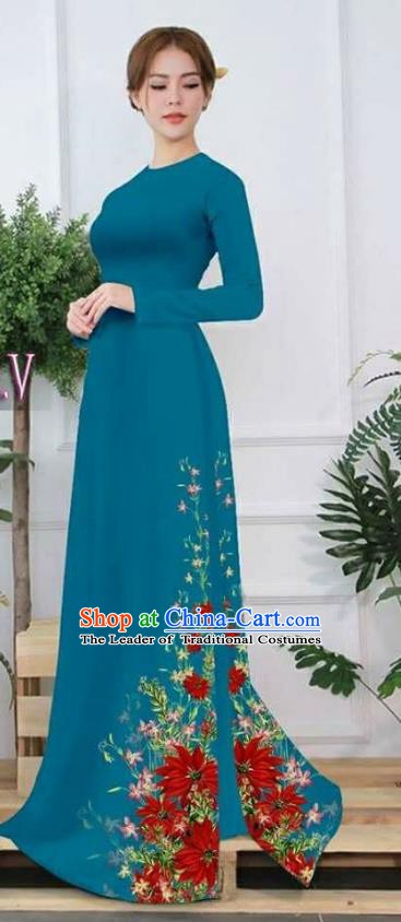 Asian Vietnam Palace Costume Vietnamese Trational Dress Printing Peacock Green Ao Dai Cheongsam Clothing for Women