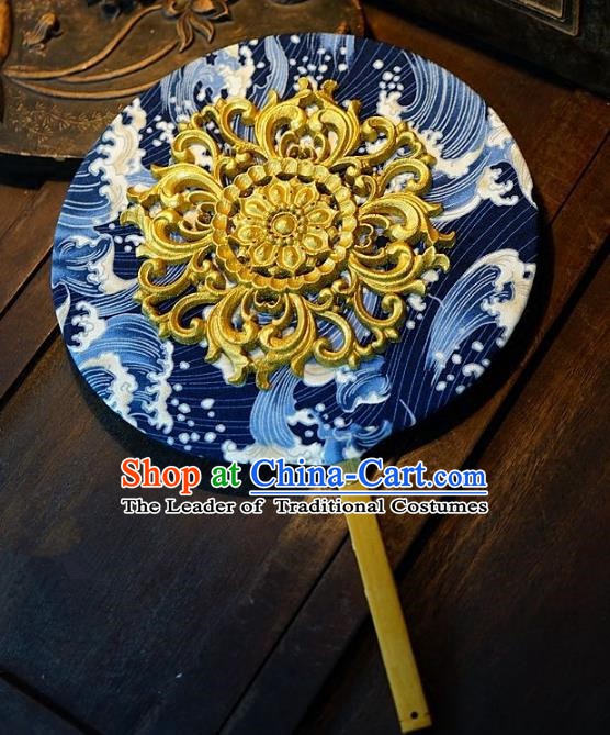 Chinese Handmade Classical Stage Performance Fans Ancient Palace Lady Blue and White Porcelain Round Fans for Women