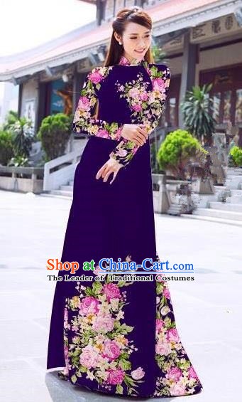 Asian Vietnam Palace Costume Vietnamese Trational Dress Printing Rose Deep Purple Ao Dai Cheongsam Clothing for Women