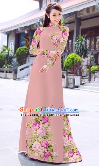 Asian Vietnam Palace Costume Vietnamese Trational Dress Printing Rose Light Pink Ao Dai Cheongsam Clothing for Women