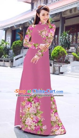 Asian Vietnam Palace Costume Vietnamese Trational Dress Printing Rose Peachy Beige Ao Dai Cheongsam Clothing for Women