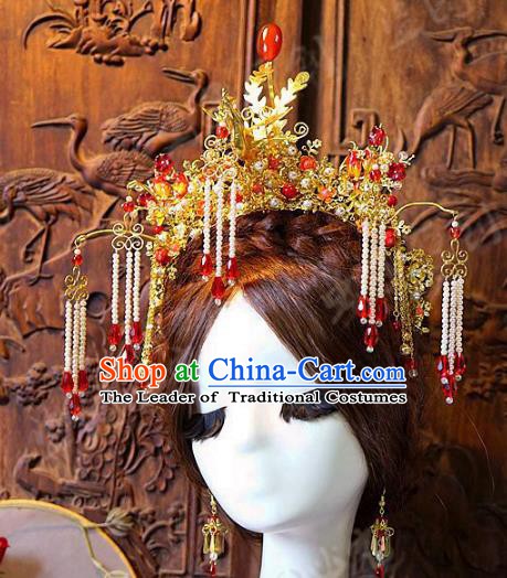 Chinese Handmade Classical Hair Accessories Ancient Red Tassel Phoenix Coronet Hairpins Complete Set for Women
