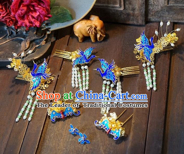Chinese Handmade Classical Hair Accessories Ancient Blueing Crane Hairpins Hair Clip for Women