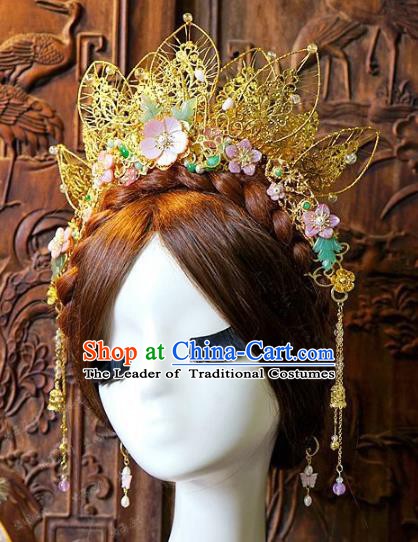 Chinese Handmade Classical Hair Accessories Ancient Golden Lotus Phoenix Coronet Hairpins for Women