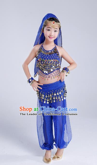 Traditional India Dance Royalblue Costume, Asian Indian Belly Dance Paillette Clothing for Kids