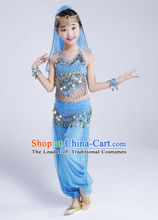 Traditional India Dance Light Blue Costume, Asian Indian Belly Dance Paillette Clothing for Kids