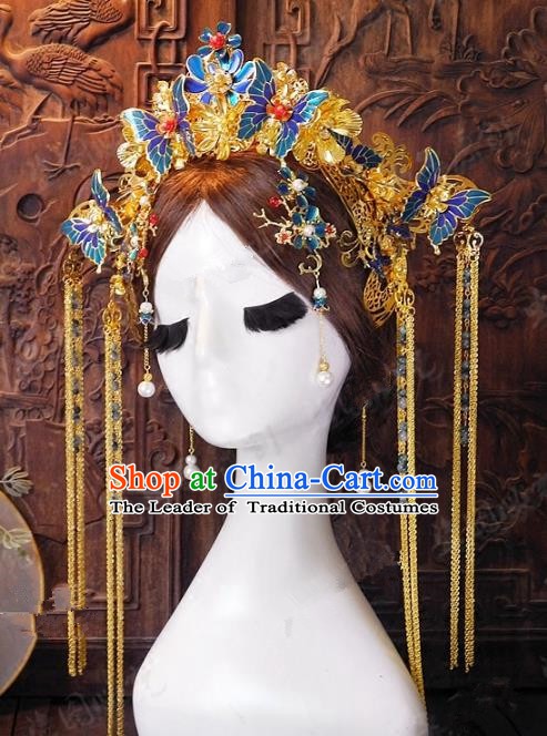 Chinese Handmade Classical Wedding Hairpins Ancient Hanfu Hair Accessories Blueing Phoenix Coronet for Women