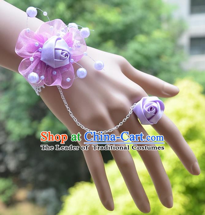 European Western Bride Vintage Jewelry Accessories Renaissance Purple Flower Bracelet with Ring for Women