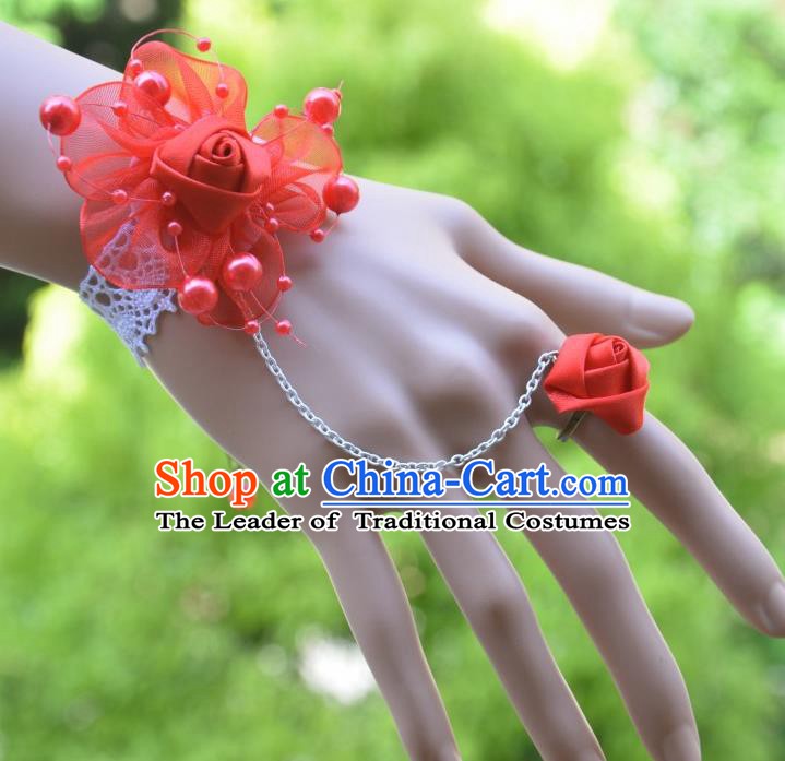 European Western Bride Vintage Jewelry Accessories Renaissance Red Flower Bracelet with Ring for Women