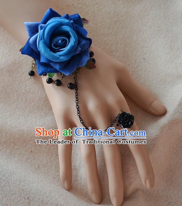 European Western Bride Vintage Jewelry Accessories Renaissance Blue Rose Bracelet with Ring for Women