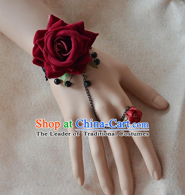 European Western Bride Vintage Jewelry Accessories Renaissance Wine Red Rose Bracelet with Ring for Women