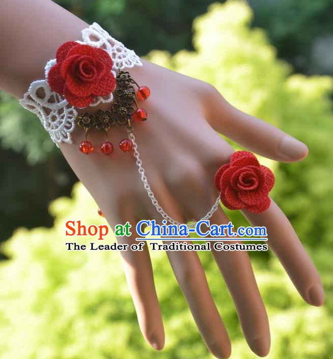 European Western Bride Vintage Jewelry Accessories Renaissance White Lace Flower Bracelet with Ring for Women