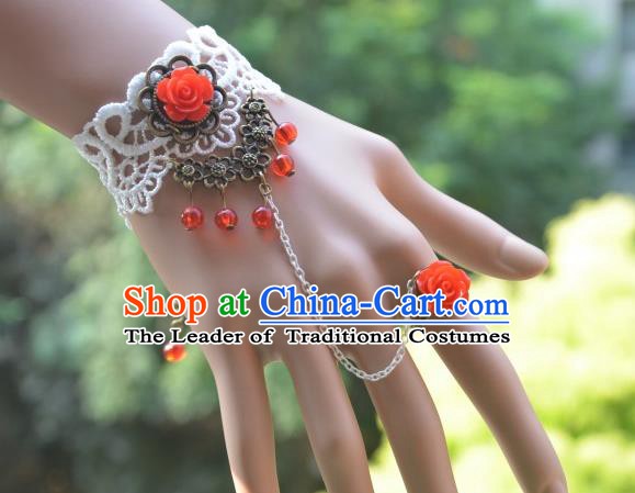 European Western Bride Vintage Accessories Renaissance Red Rose Pearls Bracelet with Ring for Women