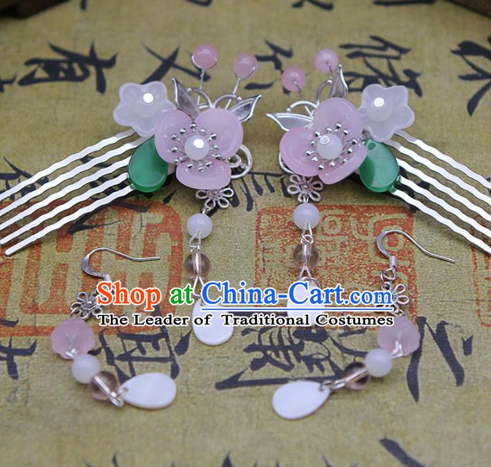 Handmade Chinese Ancient Princess Hair Accessories Pink Flowers Tassel Hair Comb Hairpins for Women