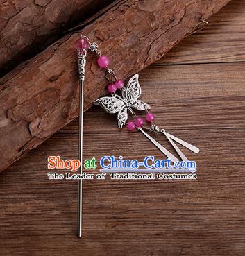 Handmade Chinese Ancient Princess Hair Accessories Rosy Beads Butterfly Hairpins for Women