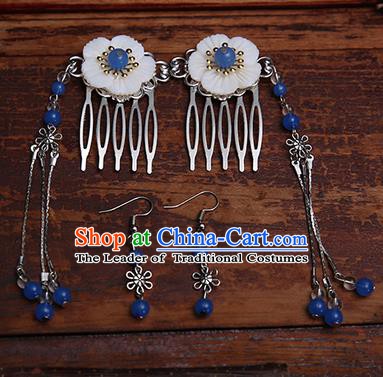 Handmade Chinese Ancient Hair Accessories Royalblue Beads Tassel Hair Comb Hairpins for Women
