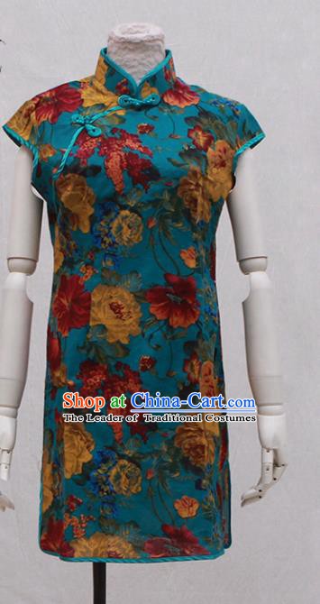 Traditional Ancient Chinese Black Qipao Dress Painting Peony Blue Cheongsam Clothing for Women