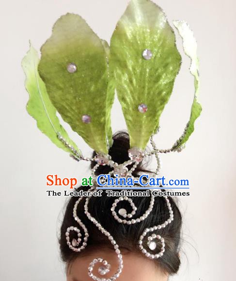 Chinese Classical Yangge Folk Fan Dance Hair Accessories Yangko Green Lotus Headwear for Women