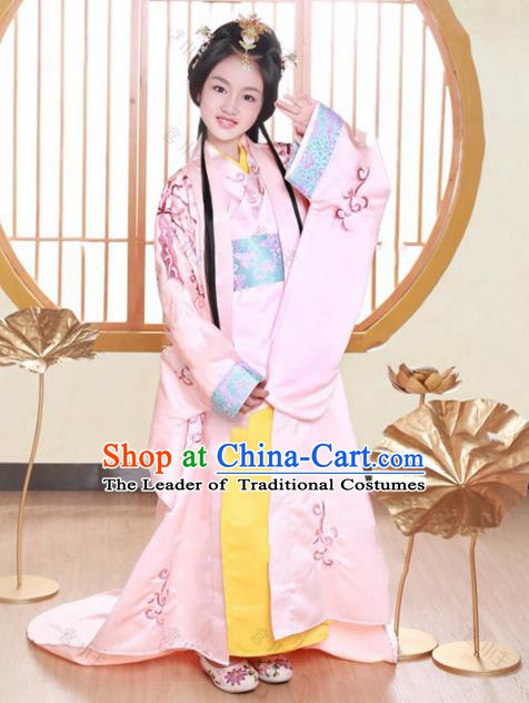 Traditional Chinese Han Dynasty Palace Lady Princess Embroidered Costume and Headpiece for Kids